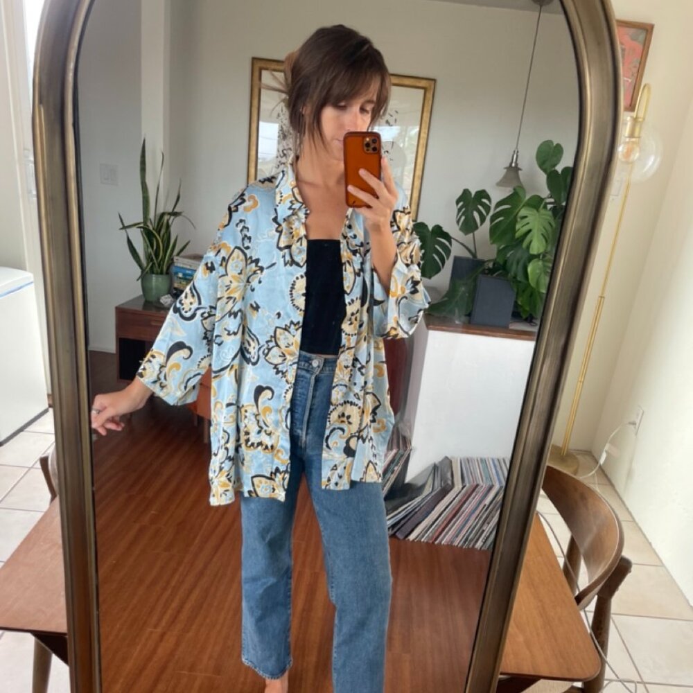 Light Blue Floral Patterned Silky Shirt / Blouse